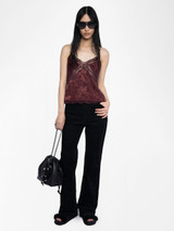 Womens Designer Burgundy Silk Camisole with Lace and Adjustable Straps