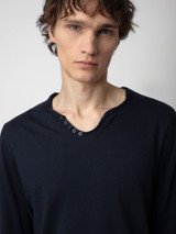 Mens Designer Navy Blue Cotton Long Sleeve T-shirt with Henley Cut and Long Sleeves
