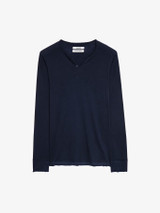 Mens Designer Navy Blue Cotton Long Sleeve T-shirt with Henley Cut and Long Sleeves