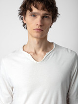Mens Designer White Cotton Long Sleeve T-shirt with Henley Cut and Long Sleeves