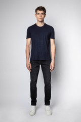 Mens Designer Navy Blue Cotton Short Sleeve T-shirt with Round Neck