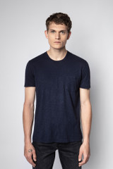 Mens Designer Navy Blue Cotton Short Sleeve T-shirt with Round Neck
