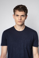 Mens Designer Navy Blue Cotton Short Sleeve T-shirt with Round Neck