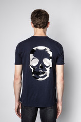 Mens Designer Navy Blue Cotton Short Sleeve T-shirt with Round Neck
