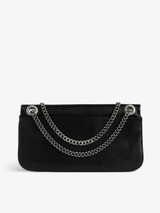 Womens Designer Iconic Clutch Bag in Black Grained Leather with Eyelets and Chain
