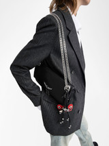 Womens Designer Iconic Clutch Bag in Black Grained Leather with Eyelets and Chain