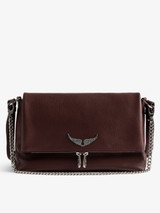 Womens Designer Iconic Handbag in Burgundy Grained Leather with Wing Detail and Chain