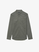 Designer Mens Lightweight Collared Shirt in Khaki Green with Buttons
