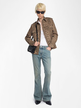 Womens Designer Leopard Print Denim Shirt with Long Sleeves and Buttons