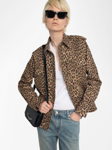 Womens Designer Leopard Print Denim Shirt with Long Sleeves and Buttons