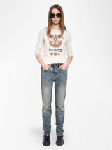 Womens Designer Ecru Long Sleeves Cashmere Jumper Sweater with Skull Rhinestone Embellishments