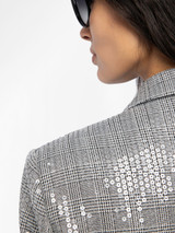 Womens Designer Sequinned Tailored Suit Jacket in Grey "Prince of Wales" Print