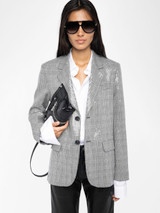 Womens Designer Sequinned Tailored Suit Jacket in Grey "Prince of Wales" Print