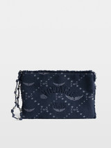 Womens Designer Iconic Pouch Handbag in Blue Denim with Monogrammed Motif