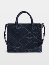 Womens Designer Iconic Tote Handbag in Blue Denim with Monogrammed Motif