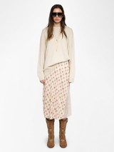 Womens Designer Midi Viscose Skirt in Mirror Flower Print with Lace Detail