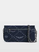 Womens Designer Navy Denim Handbag Clutch with Monogram Motif and Double Chain