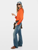 Womens Designer Japanese Satin Blouse in Tangerine Orange with V-Neck