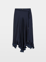 Designer Womens Navy Asymmetrical Japanese Satin Midi Skirt
