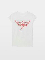 Womens Designer White Tee T-shirt with Round Collar and Heart Wing Motif
