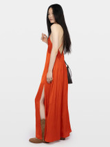 Womens Designer Tangerine Orange Maxi Dress in Japanese Satin