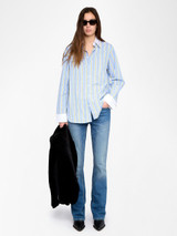 Womens Designer Cotton Poplin Shirt with Pinstripe and Rock N Roll Stitching
