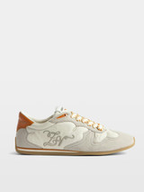 Womens Designer White Leather Trainer in Leather and Suede with Orange Detailing and ZV Stitching