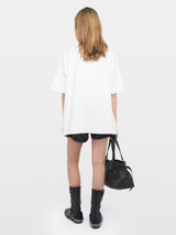 Womens Designer White Tee T-shirt with Round Collar and Blue Rhinestone Motif