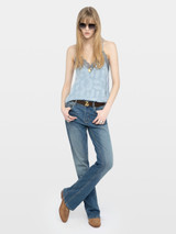 Womens Designer Iconic Lingerie-Style Silk Camisole in Blue with Paisley Print and Lace Detail