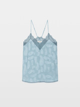 Womens Designer Iconic Lingerie-Style Silk Camisole in Blue with Paisley Print and Lace Detail