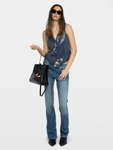 Womens Designer Sleeveless Sequined  Tailored Vest with Buttons in Navy