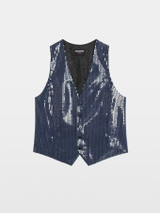 Womens Designer Sleeveless Sequined  Tailored Vest with Buttons in Navy