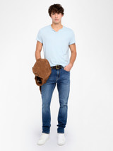 Mens Designer Short Sleeve Tee with Henley Neckline in Blue
