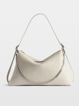 Designer Grained Leather Handbag in White with Chain and Wing Motif