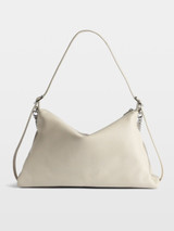 Designer Grained Leather Handbag in White with Chain and Wing Motif