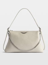 Designer Grained Leather Handbag in White with Chain and Wing Motif