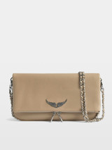 Womens Designer Iconic Clutch Bag with Wing Motif and Double Chain in Clay Colour