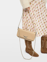 Womens Designer Iconic Clutch Bag with Wing Motif and Double Chain in Clay Colour