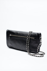 Iconic Black Leather Clutch Bag with Wings Motif and Double Chain Strap