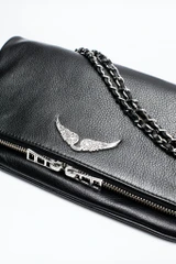 Iconic Black Leather Clutch Bag with Wings Motif and Double Chain Strap