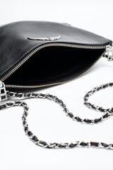 Iconic Black Leather Clutch Bag with Wings Motif and Double Chain Strap