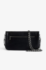 Iconic Black Leather Clutch Bag with Wings Motif and Double Chain Strap