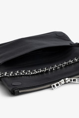 Iconic Black Leather Clutch Bag with Wings Motif and Double Chain Strap