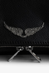 Iconic Black Leather Clutch Bag with Wings Motif and Double Chain Strap