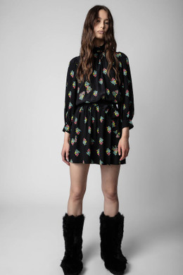 Zadig & Voltaire Womens Designer Black Silk Mini Dress with Crystal Embellished Floral Motifs