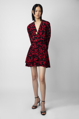 Zadig & Voltaire Womens Designer Black Mini Dress with Red Ikat Print