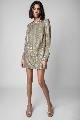 Zadig & Voltaire Womens Designer Gold Sequinned Mini Dress with Long Sleeves