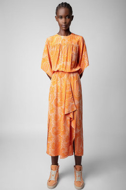 Zadig & Voltaire Womens Designer Orange Silk Maxi Dress with Paisley Print