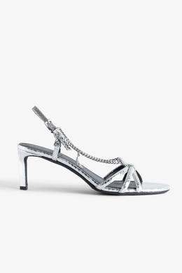 Zadig & Voltaire Womens Designer Metallic Silver Leather Sandal with Heel and Chain Detail