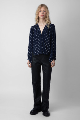 Zadig & Voltaire Womens Designer Navy Silk Blouse with Wing Pattern